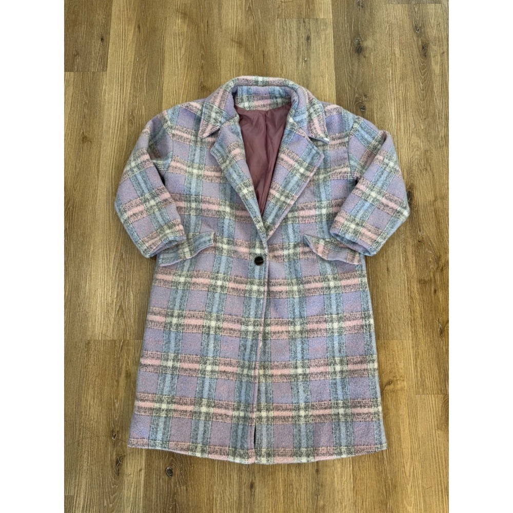 Dazy Whimsygoth Soft Girl Plaid Longline Coat Womens M Lavender Pink Pastel Cozy